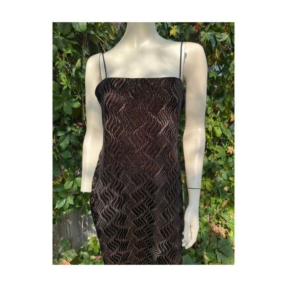 Vintage | 90s Formal Gown Dress Velvet Burnout Gold Metallic Spaghetti Straps 14 - Picture 13 of 14